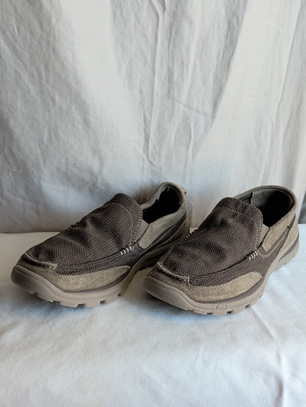 Skechers Men's Milfor Slip-On Canvas Suede Loafers in Brown and Taupe Casual